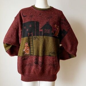 Vtg 80s Jazz Cats Sweater Large North Country Embroidered Knit Grandpa Quirky